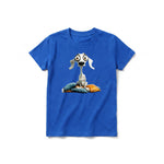 A royal short-sleeve crewneck t-shirt for youth featuring a graphic of a dog on the front.