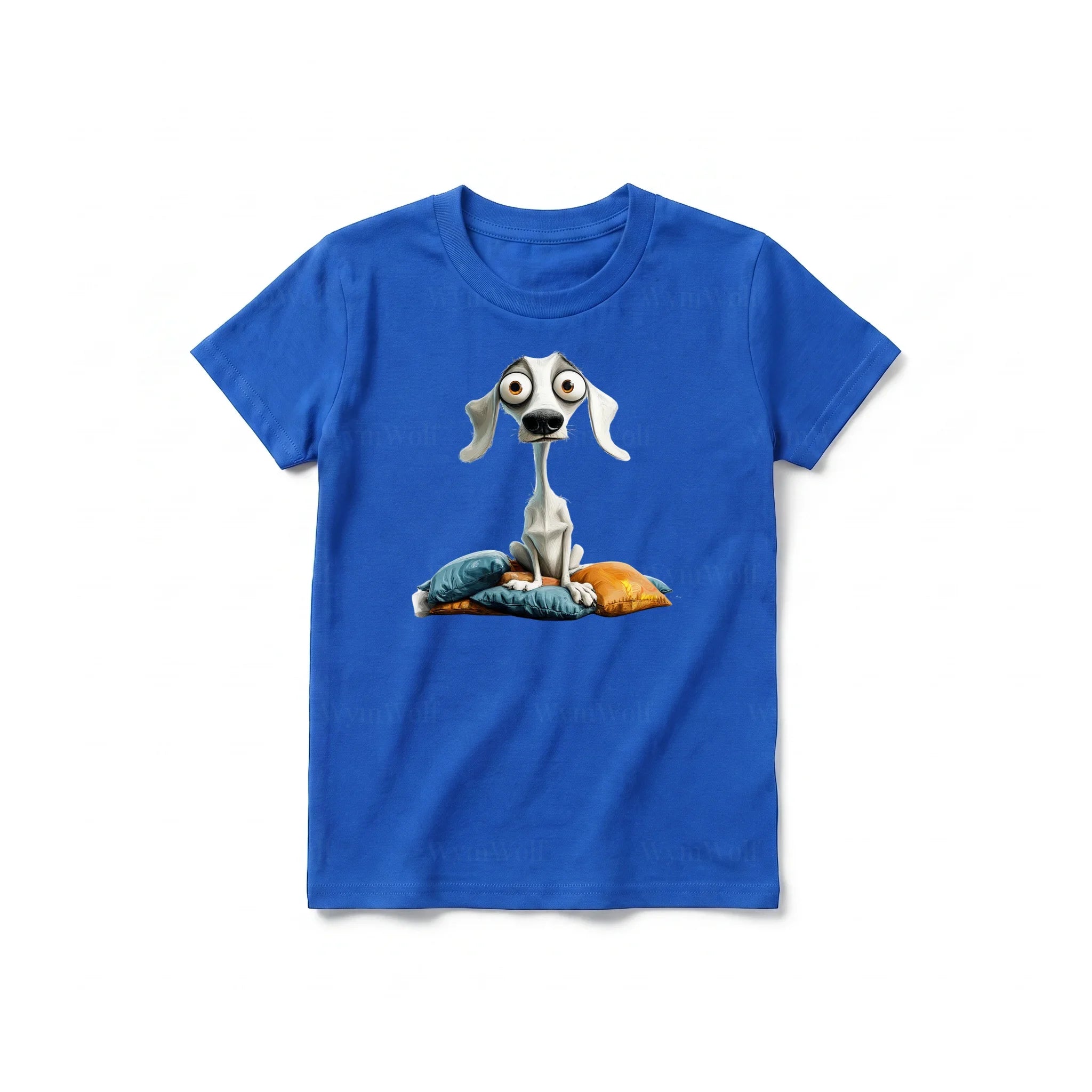 A royal short-sleeve crewneck t-shirt for youth featuring a graphic of a dog on the front.
