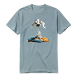 A sage short-sleeve crewneck t-shirt for adult featuring a graphic of a dog on the front.