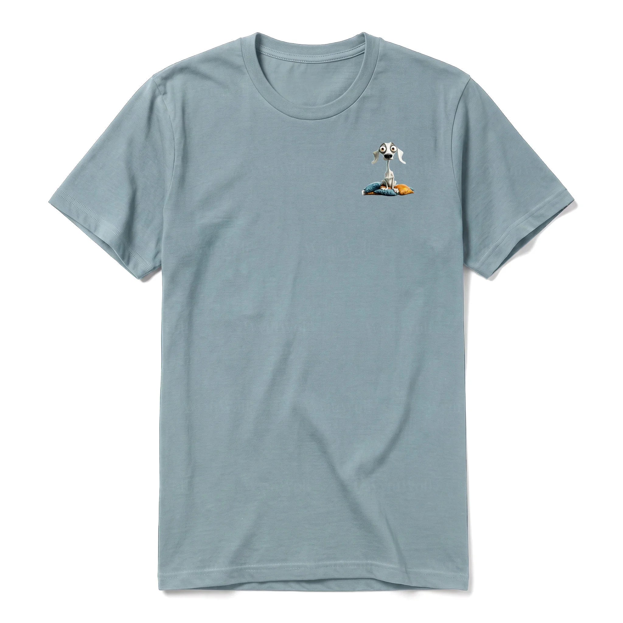 A sage short-sleeve crewneck t-shirt for adult featuring a graphic of a dog on the left chest.