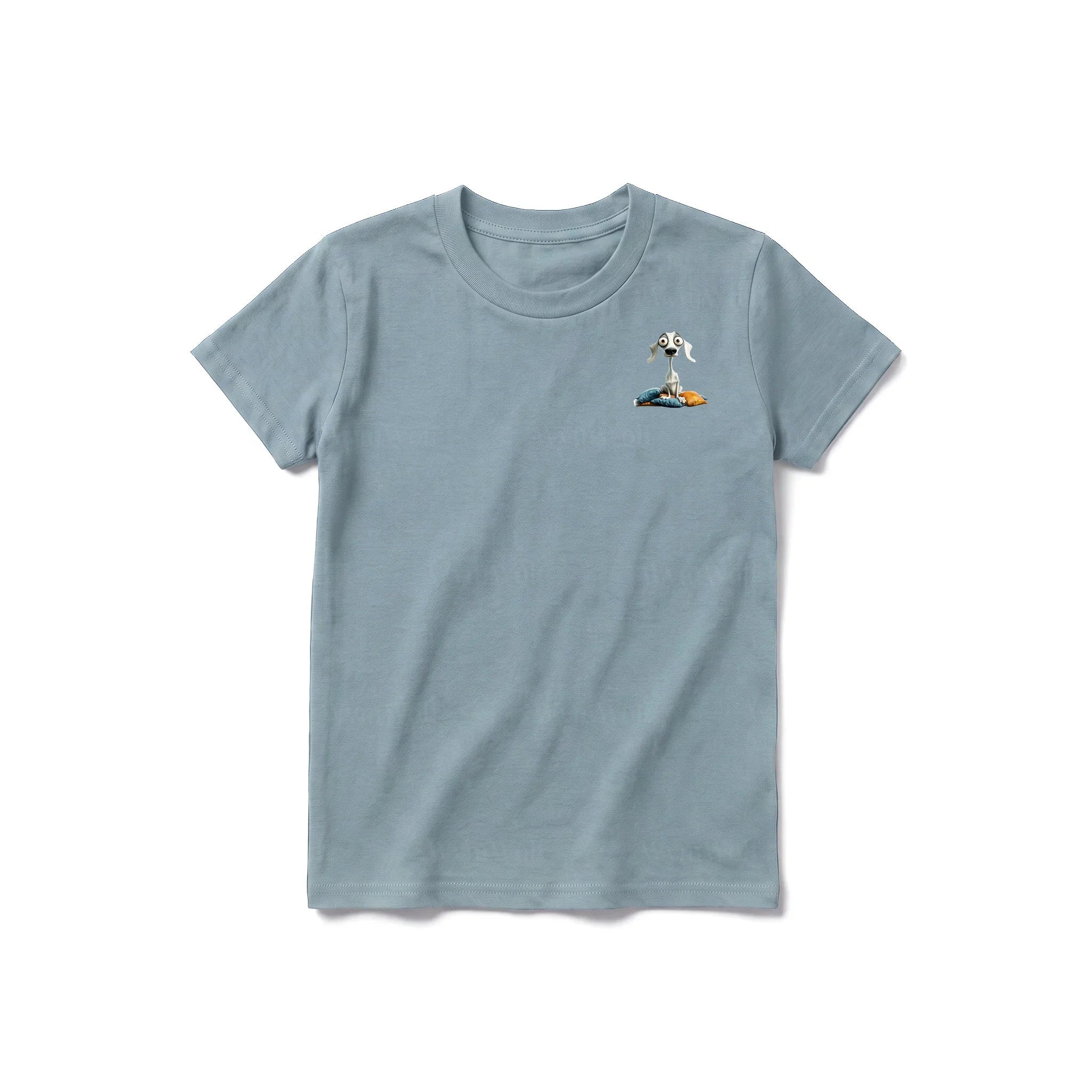 A sage short-sleeve crewneck t-shirt for youth featuring a graphic of a dog on the left chest.