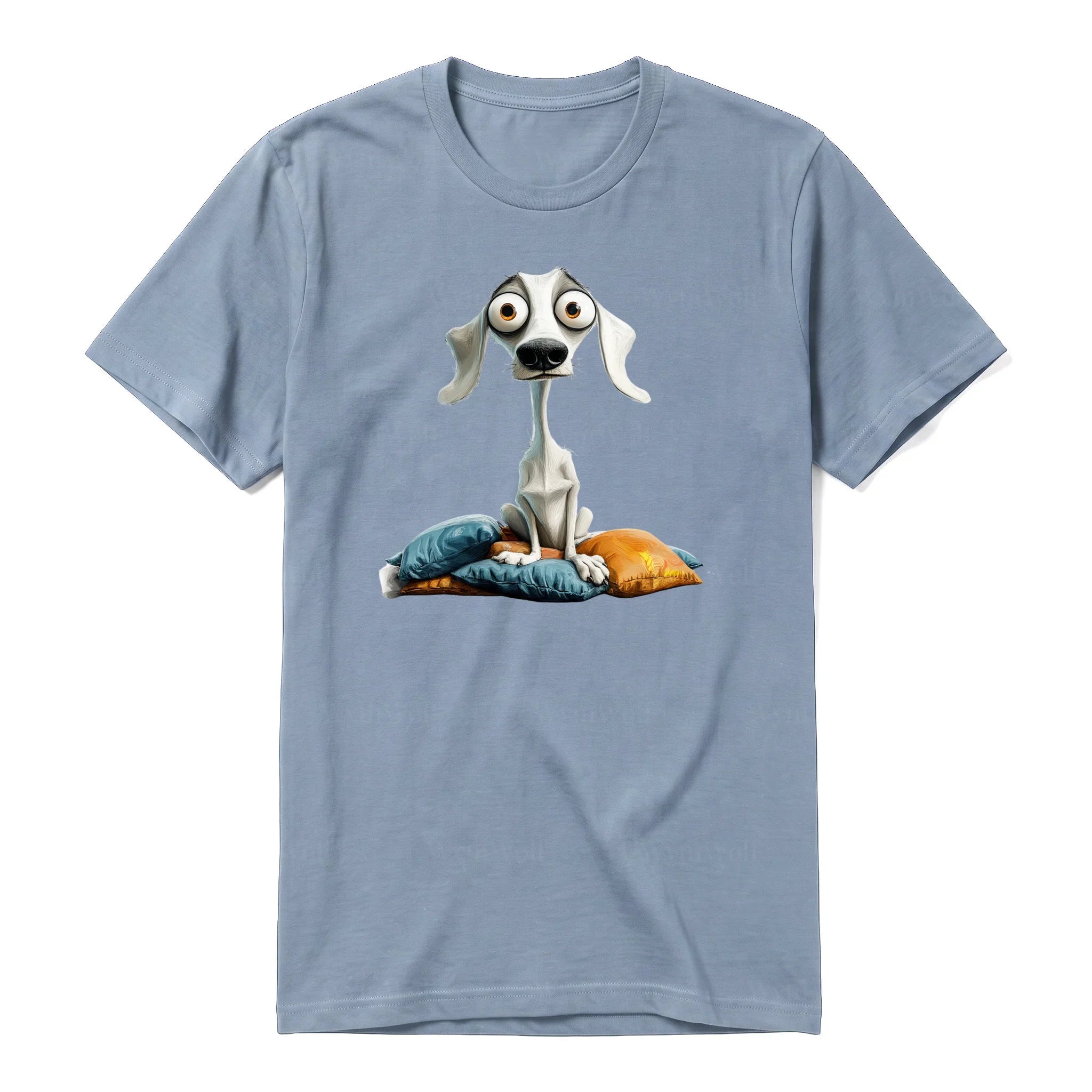 A steel-blue short-sleeve crewneck t-shirt for adult featuring a graphic of a dog on the front.