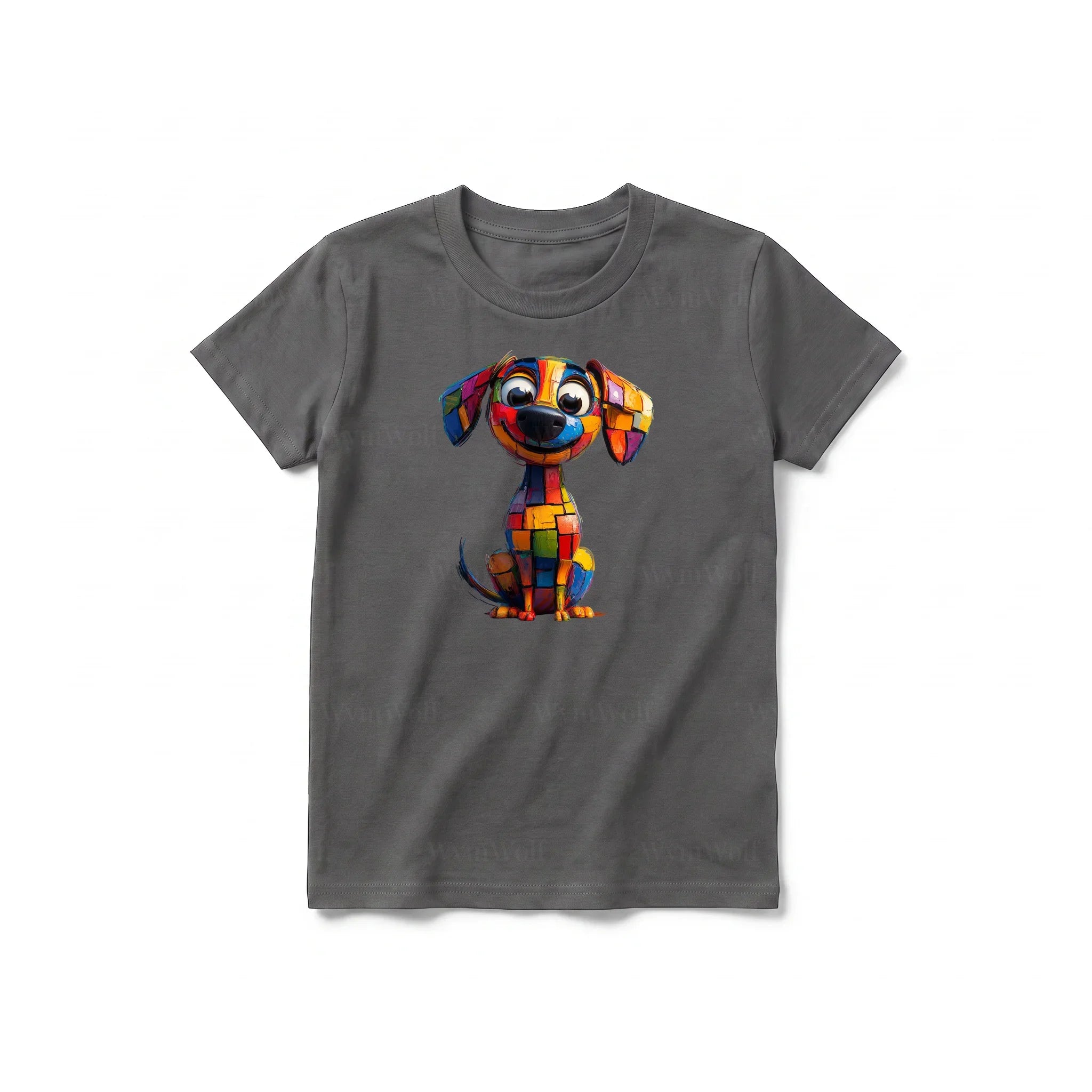 Un T-shirt charbon à manches courtes et col rond pour jeune, orné d'un motif représentant un chien sur le devant.