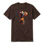 A chocolate short-sleeve crewneck t-shirt for adult featuring a graphic of a dog on the front.