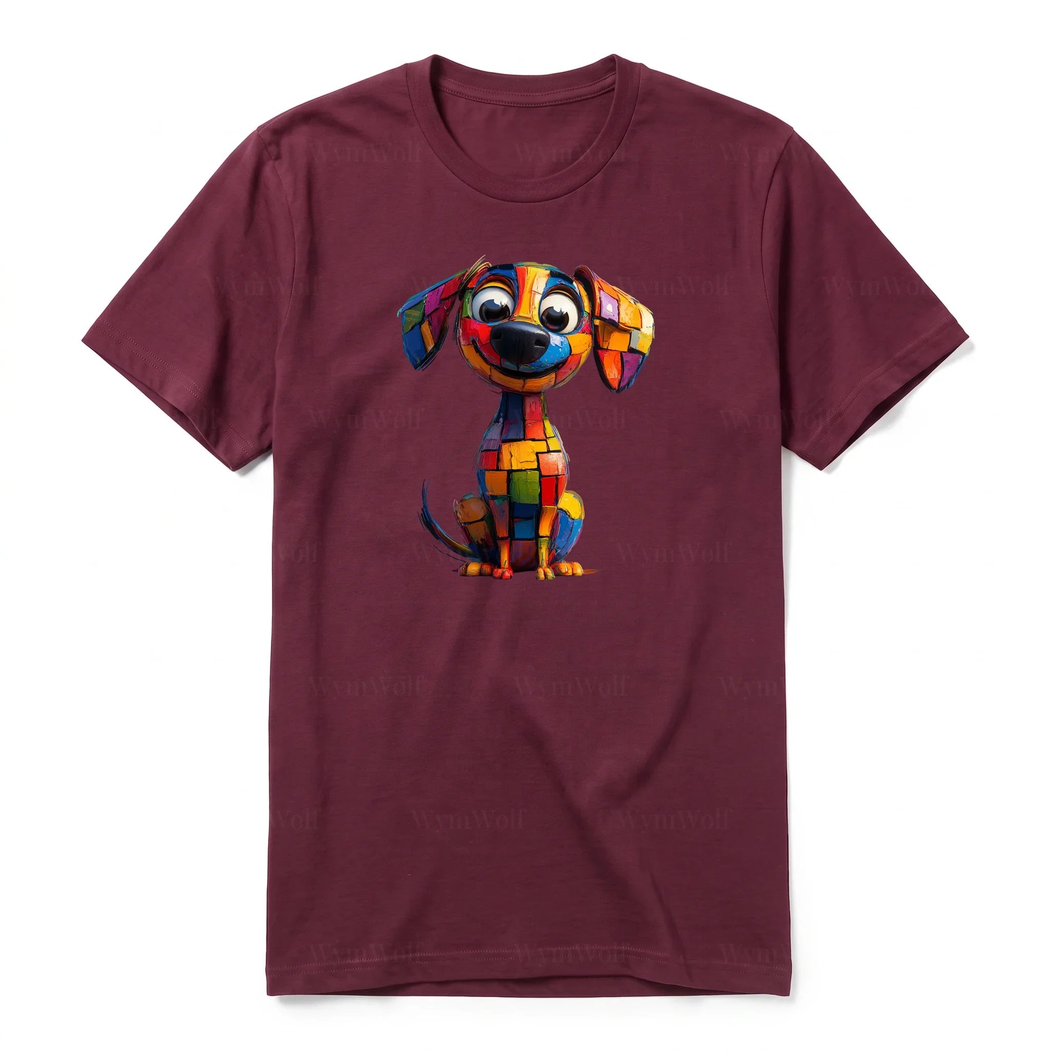 Un T-shirt marron à manches courtes et col rond, orné d'un motif représentant un chien sur le devant.