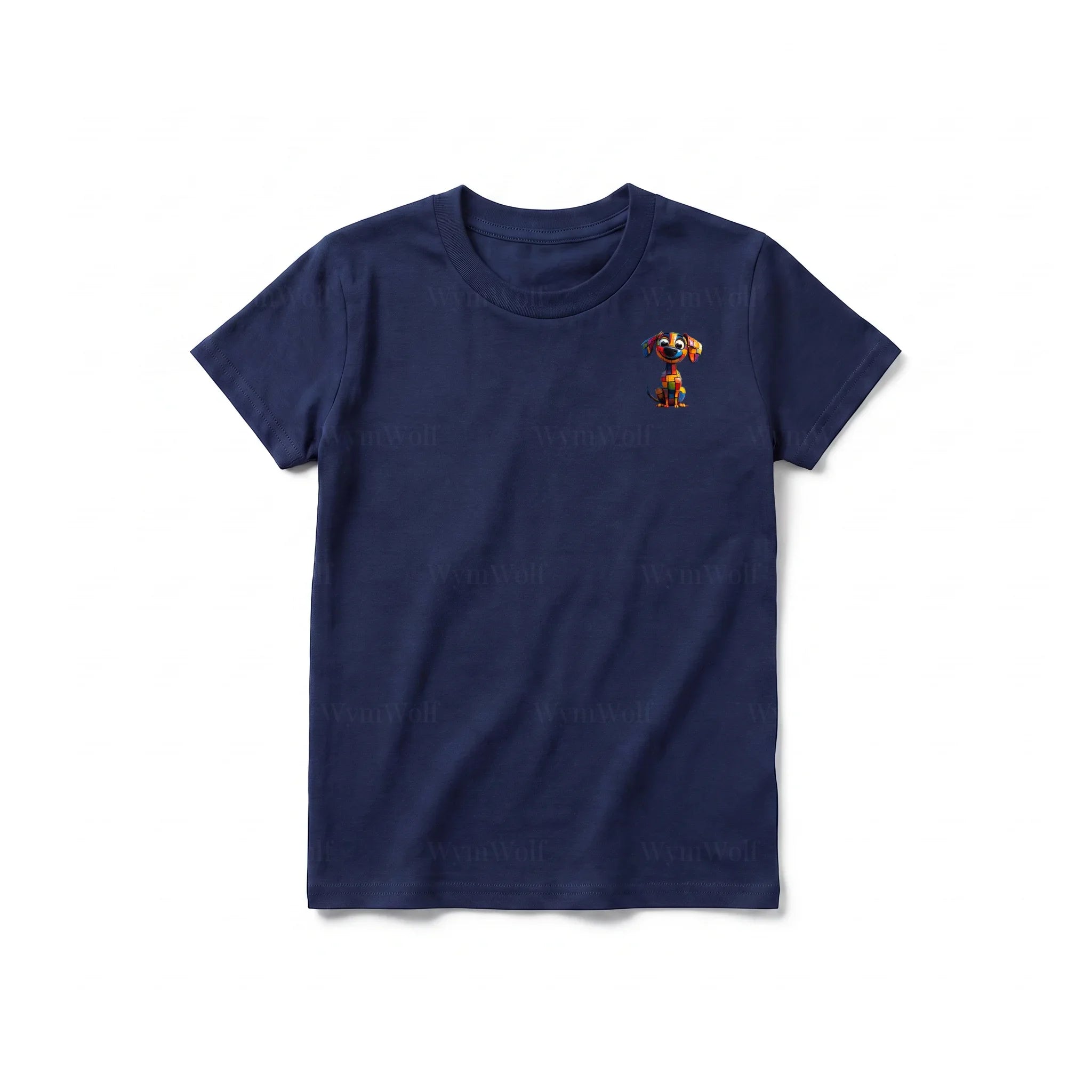 Un T-shirt marine à manches courtes et col rond pour jeune, orné d'un motif représentant un chien sur la poitrine gauche.