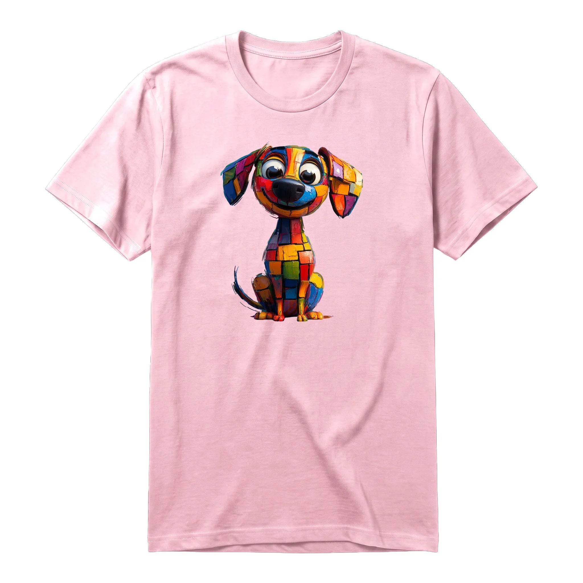 Un T-shirt rose à manches courtes et col rond, orné d'un motif représentant un chien sur le devant.