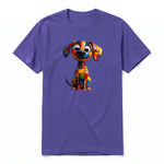 A purple short-sleeve crewneck t-shirt for adult featuring a graphic of a dog on the front.