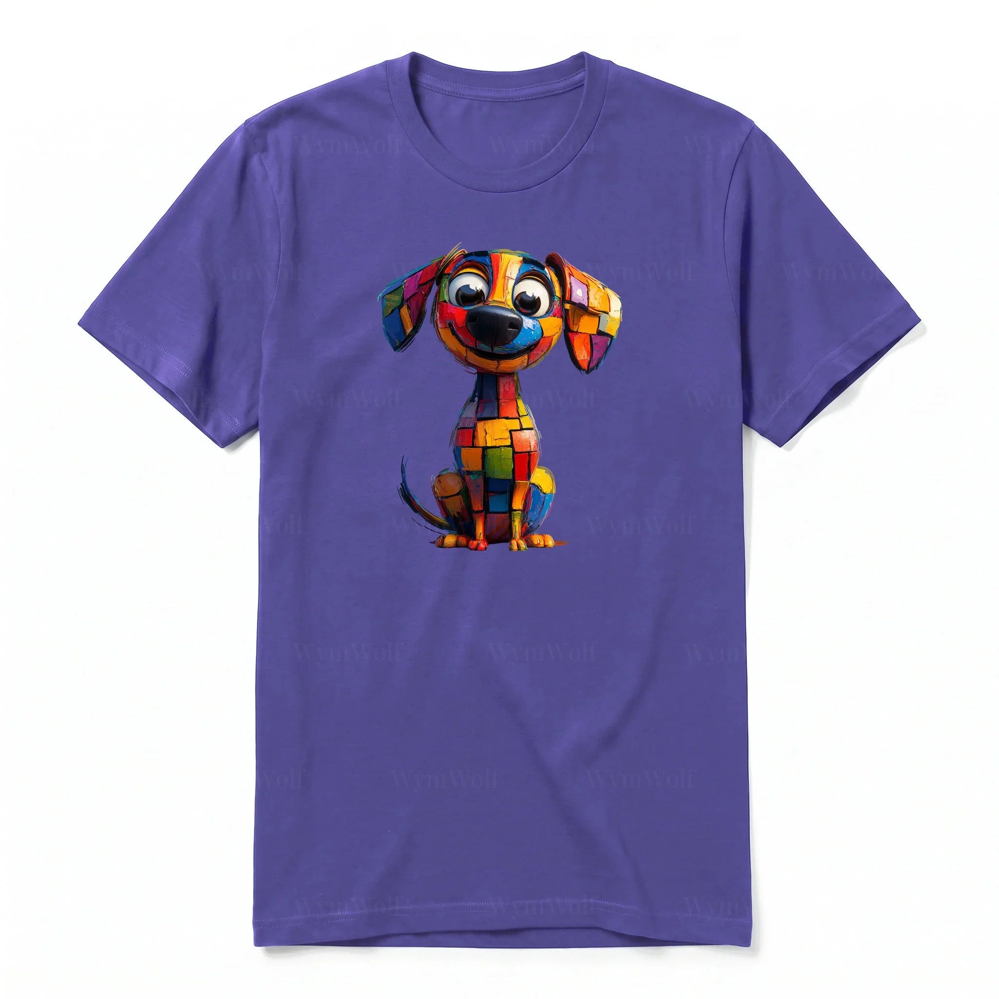 A purple short-sleeve crewneck t-shirt for adult featuring a graphic of a dog on the front.