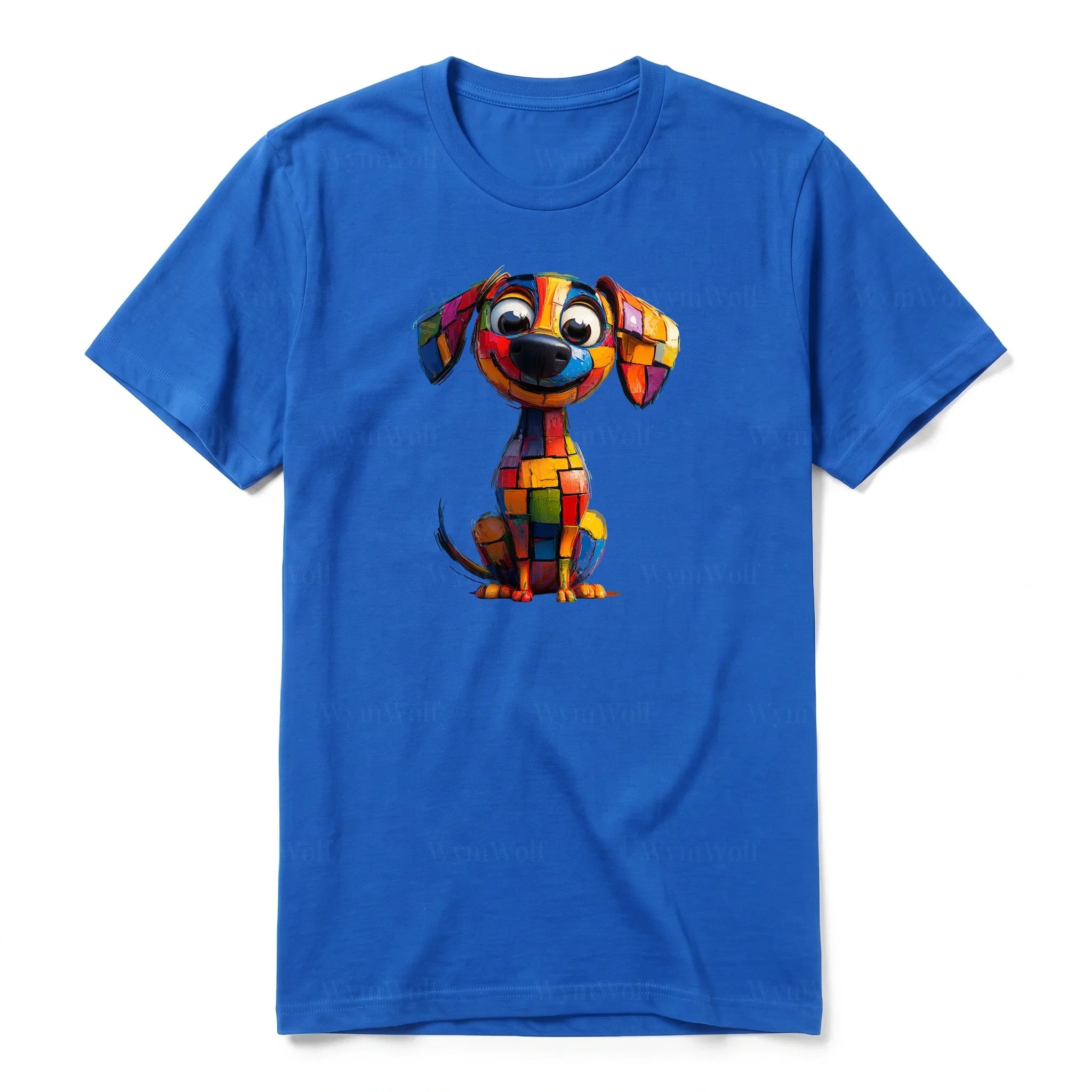 Un T-shirt royal à manches courtes et col rond, orné d'un motif représentant un chien sur le devant.