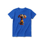Un T-shirt royal à manches courtes et col rond pour jeune, orné d'un motif représentant un chien sur le devant.