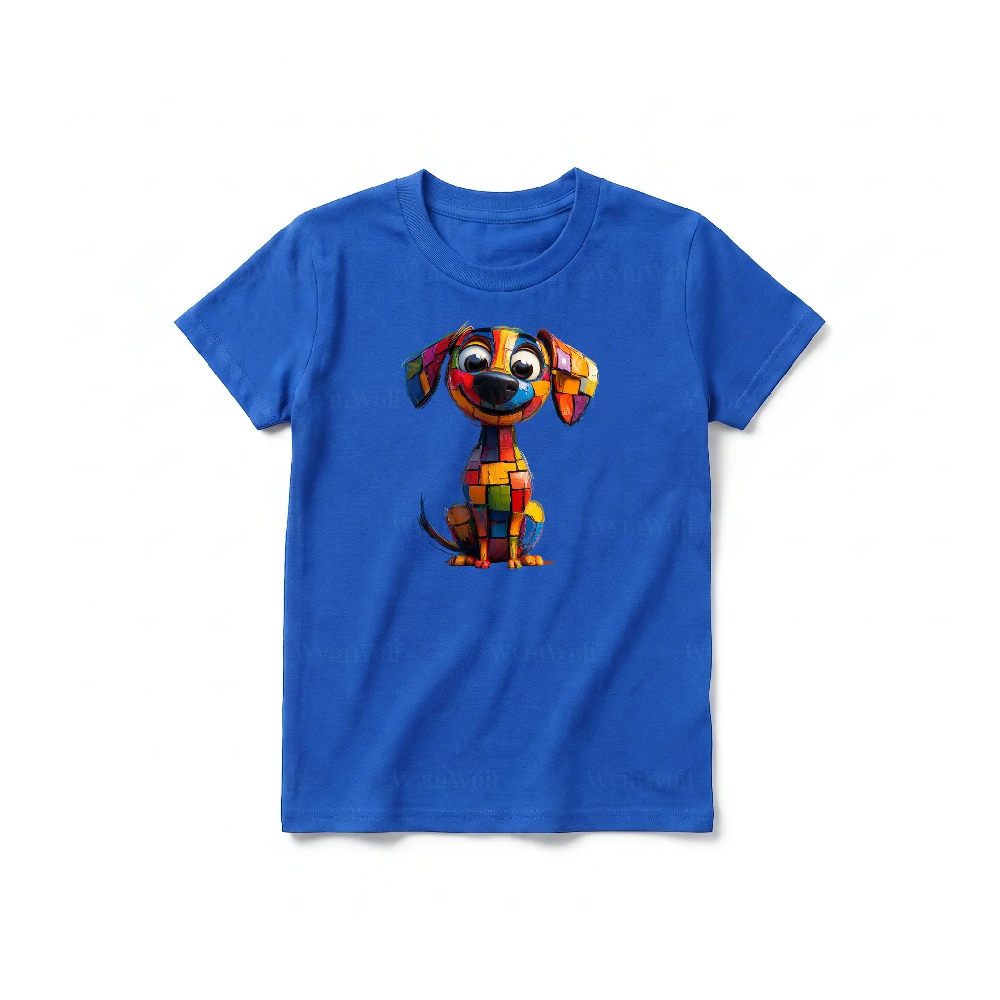 Un T-shirt royal à manches courtes et col rond pour jeune, orné d'un motif représentant un chien sur le devant.