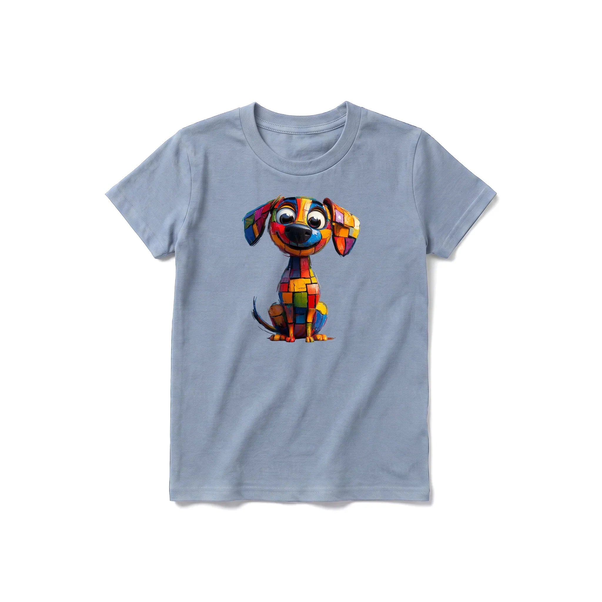 Un T-shirt steel-blue à manches courtes et col rond pour jeune, orné d'un motif représentant un chien sur le devant.