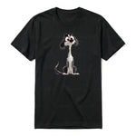 A black short-sleeve crewneck t-shirt for adult featuring a graphic of a dog on the front.