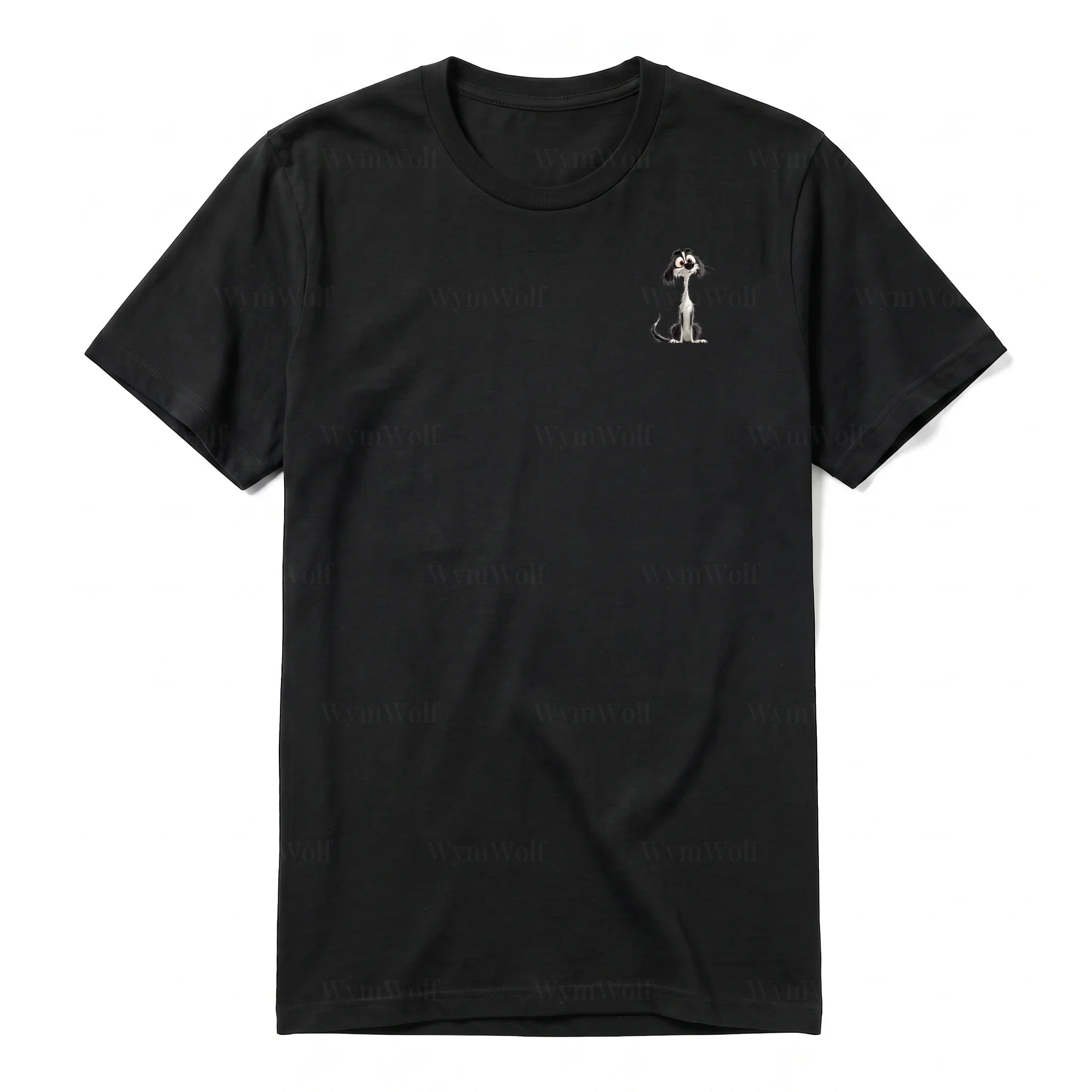 A black short-sleeve crewneck t-shirt for adult featuring a graphic of a dog on the left chest.