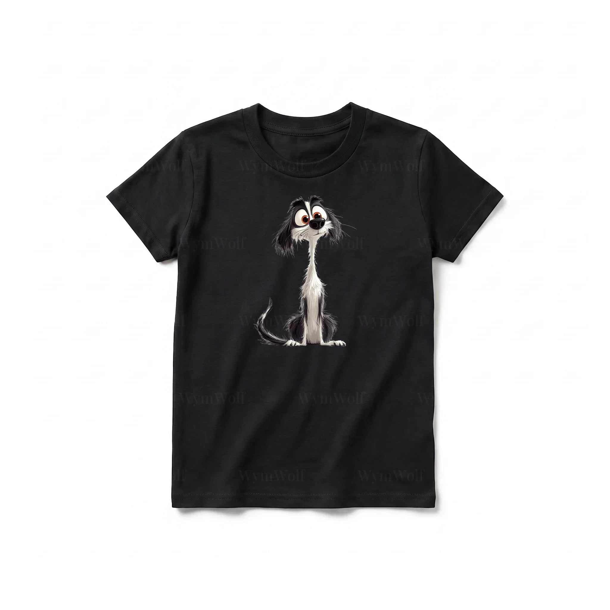 A black short-sleeve crewneck t-shirt for youth featuring a graphic of a dog on the front.