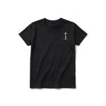 A black short-sleeve crewneck t-shirt for youth featuring a graphic of a dog on the left chest.