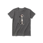 A charcoal short-sleeve crewneck t-shirt for youth featuring a graphic of a dog on the front.