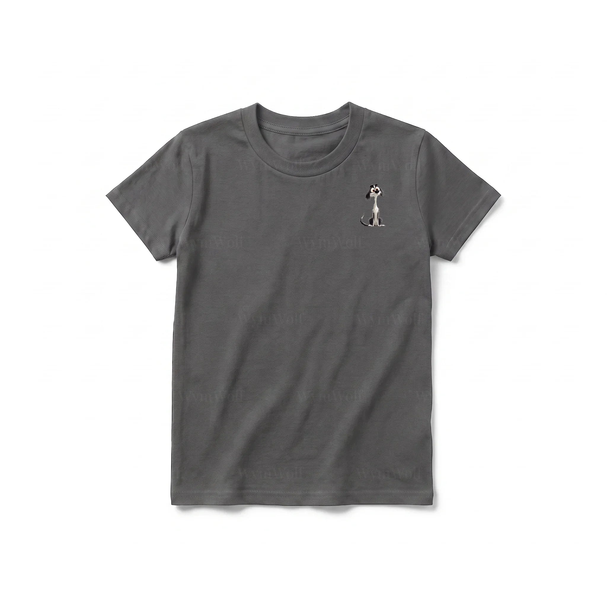 A charcoal short-sleeve crewneck t-shirt for youth featuring a graphic of a dog on the left chest.