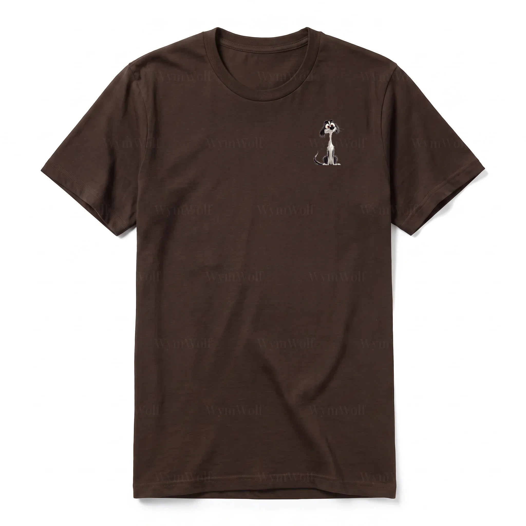 A chocolate short-sleeve crewneck t-shirt for adult featuring a graphic of a dog on the left chest.