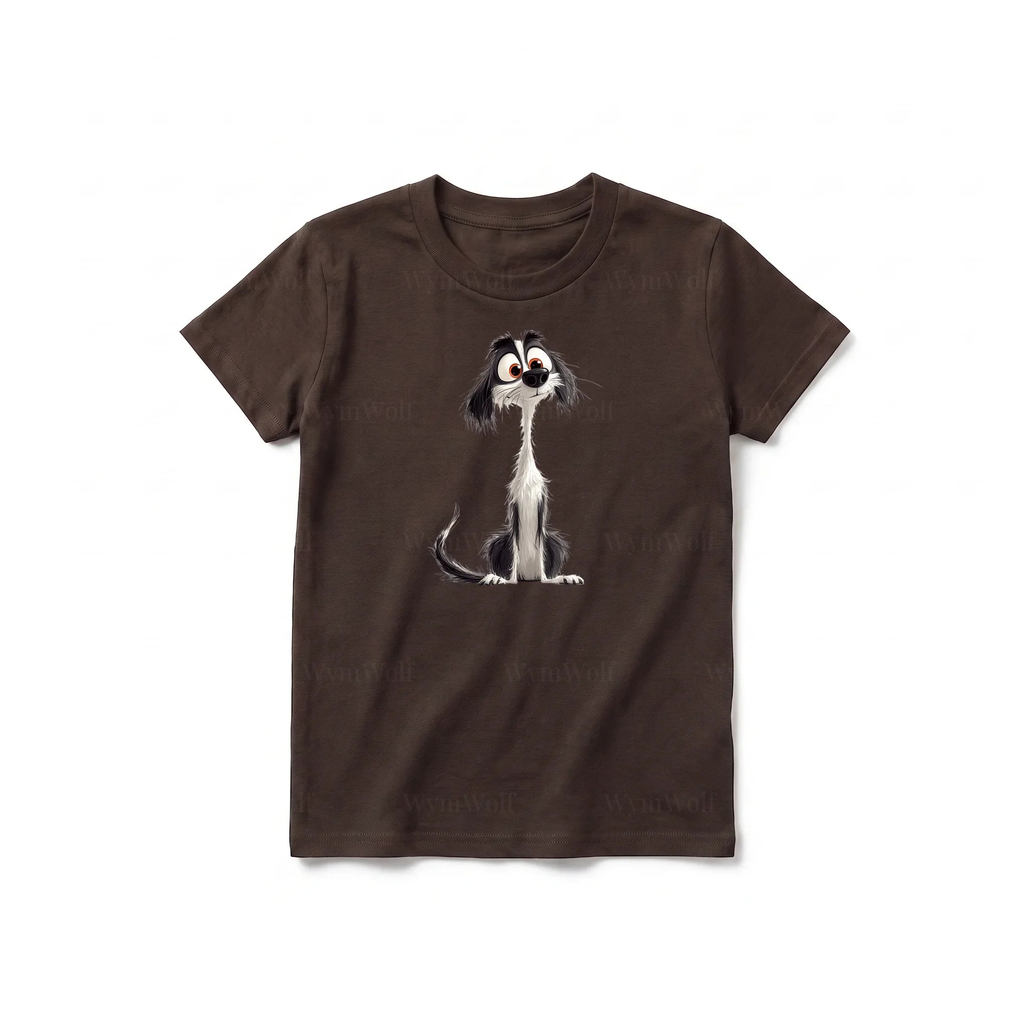 A chocolate short-sleeve crewneck t-shirt for youth featuring a graphic of a dog on the front.