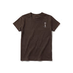 A chocolate short-sleeve crewneck t-shirt for youth featuring a graphic of a dog on the left chest.