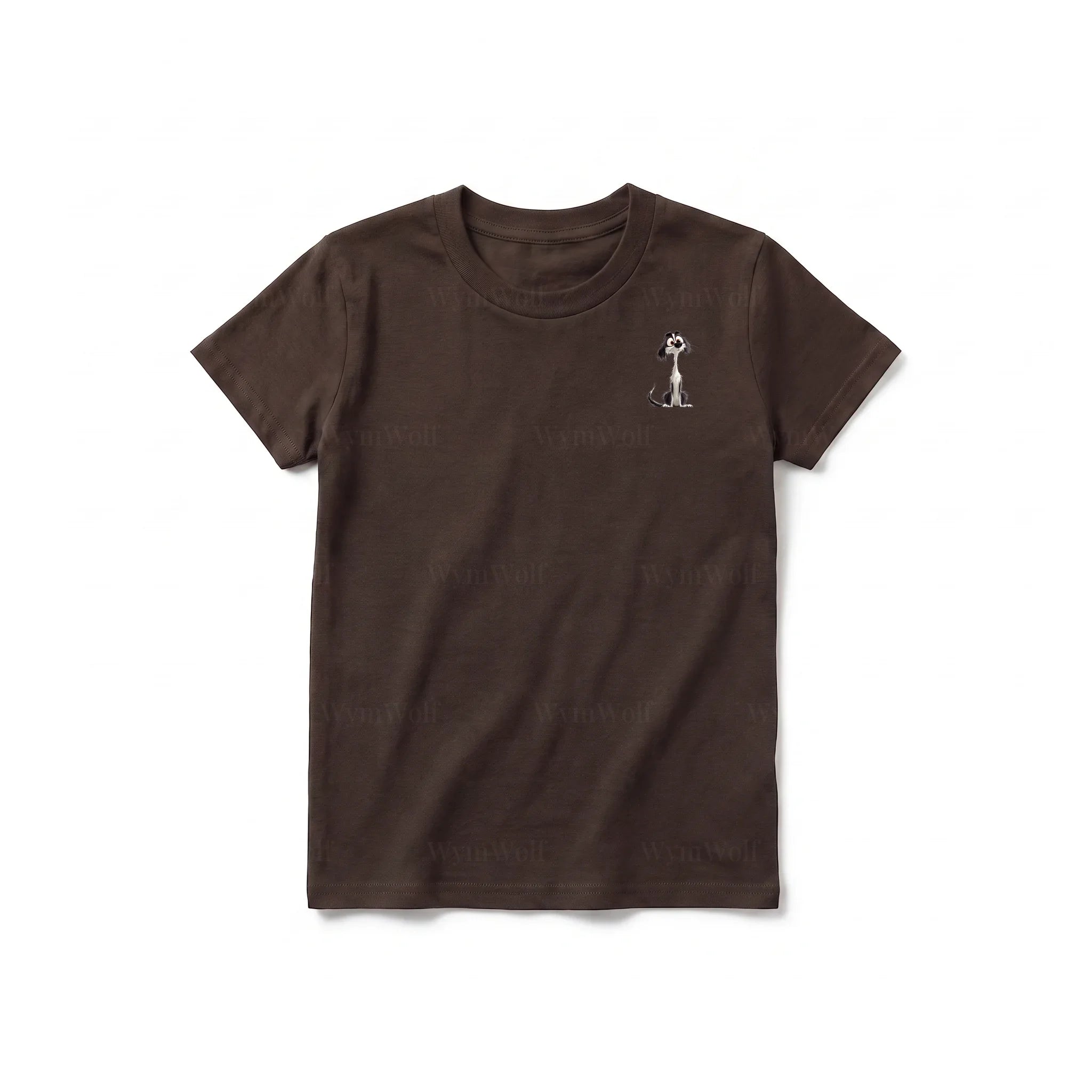 A chocolate short-sleeve crewneck t-shirt for youth featuring a graphic of a dog on the left chest.