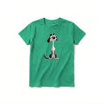 A kelly short-sleeve crewneck t-shirt for youth featuring a graphic of a dog on the front.