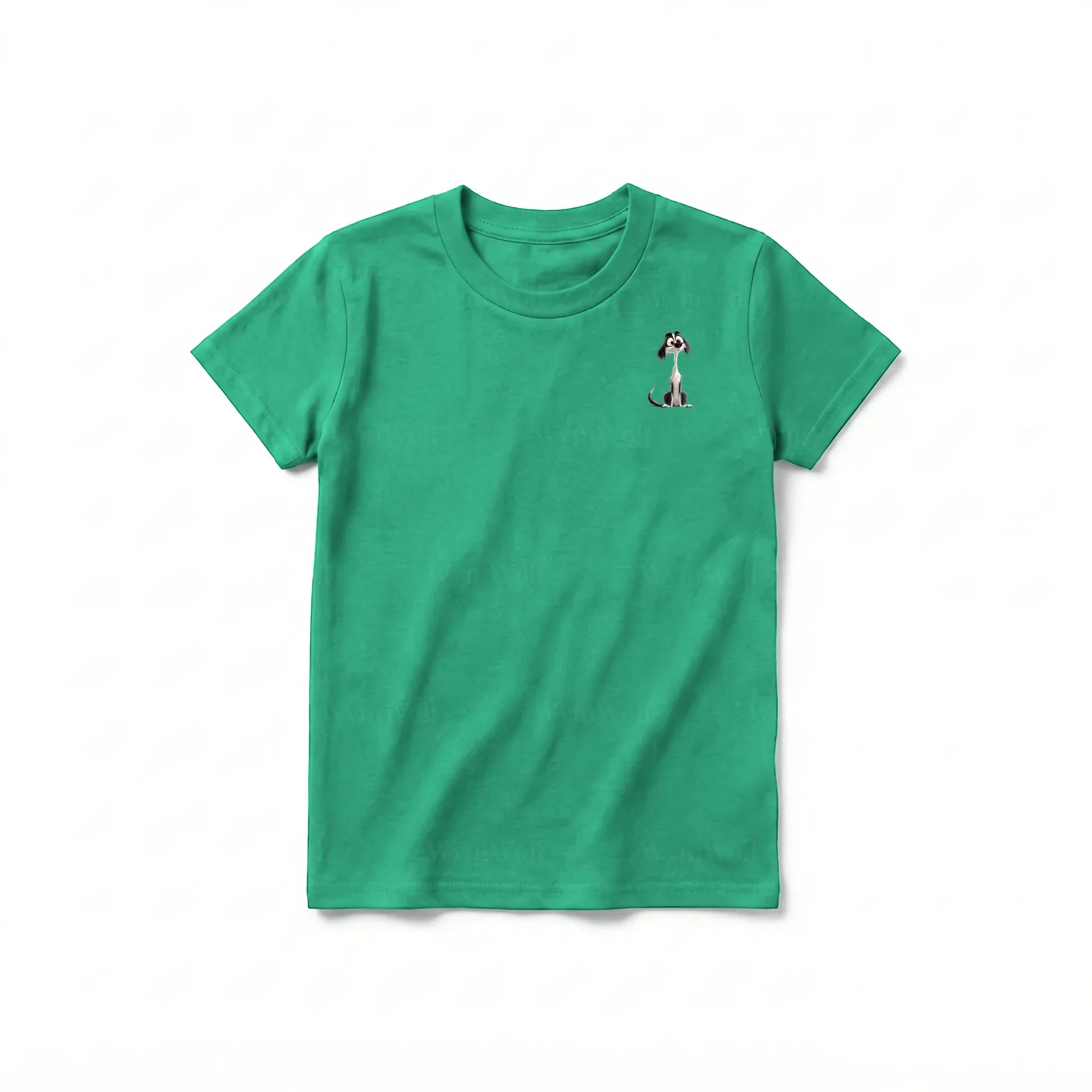 A kelly short-sleeve crewneck t-shirt for youth featuring a graphic of a dog on the left chest.
