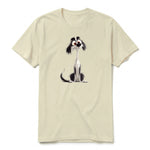 A latte short-sleeve crewneck t-shirt for adult featuring a graphic of a dog on the front.