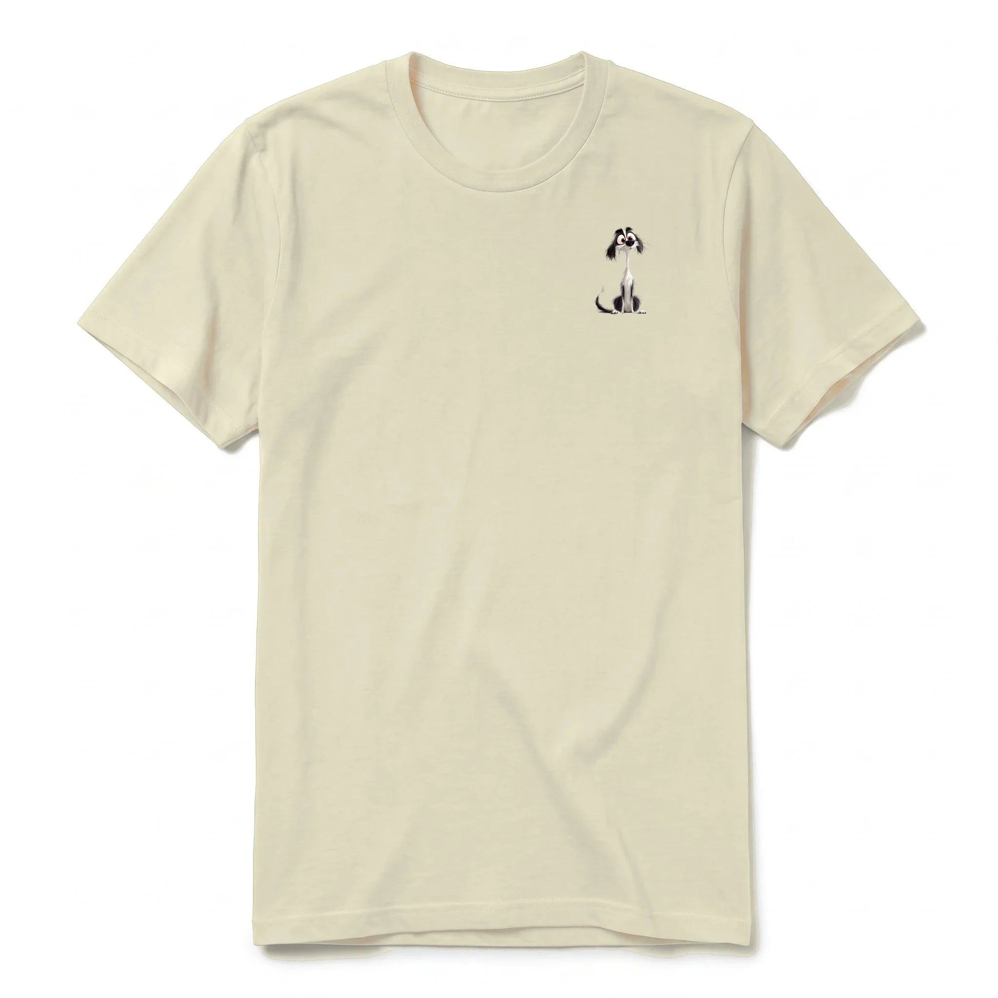 A latte short-sleeve crewneck t-shirt for adult featuring a graphic of a dog on the left chest.