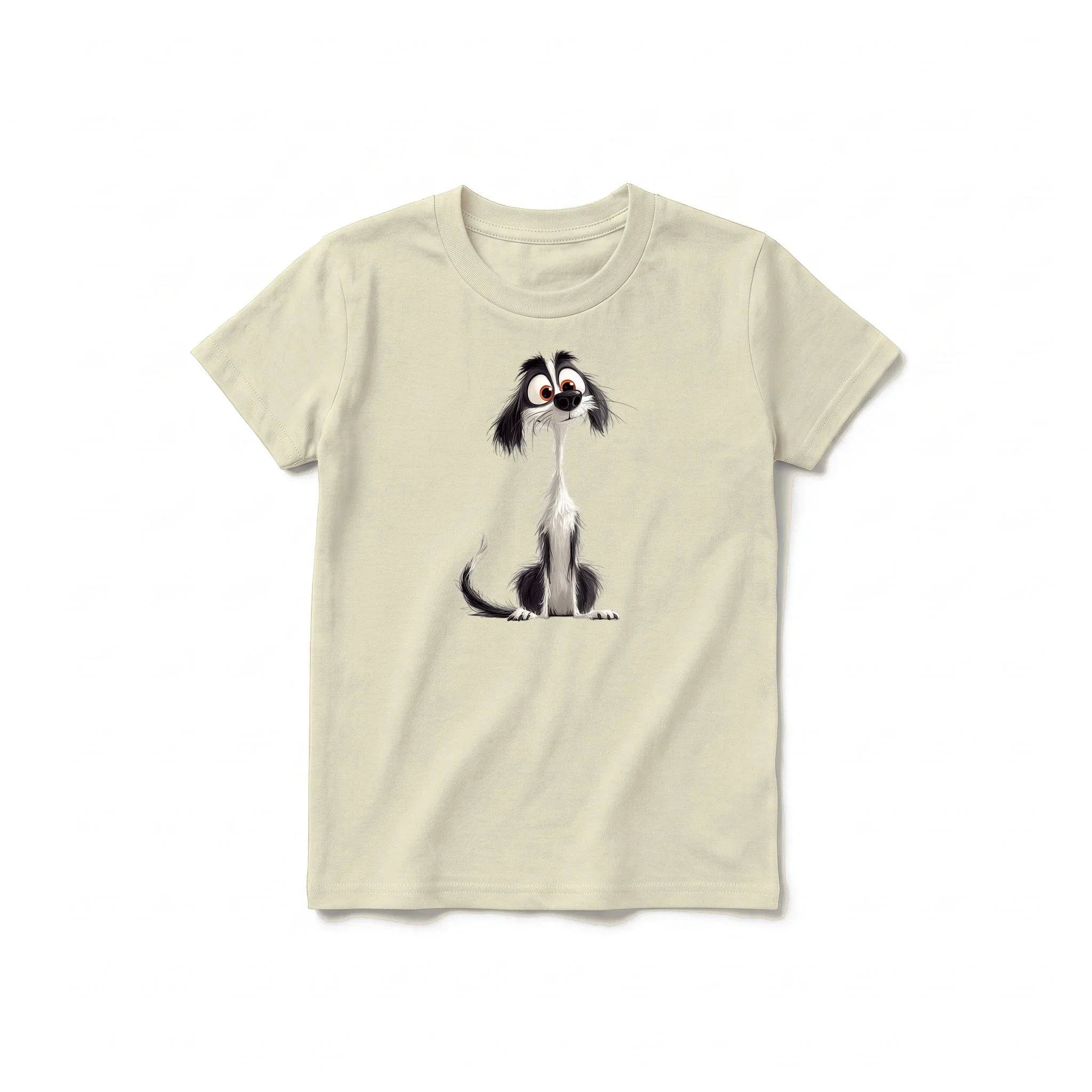 A latte short-sleeve crewneck t-shirt for youth featuring a graphic of a dog on the front.