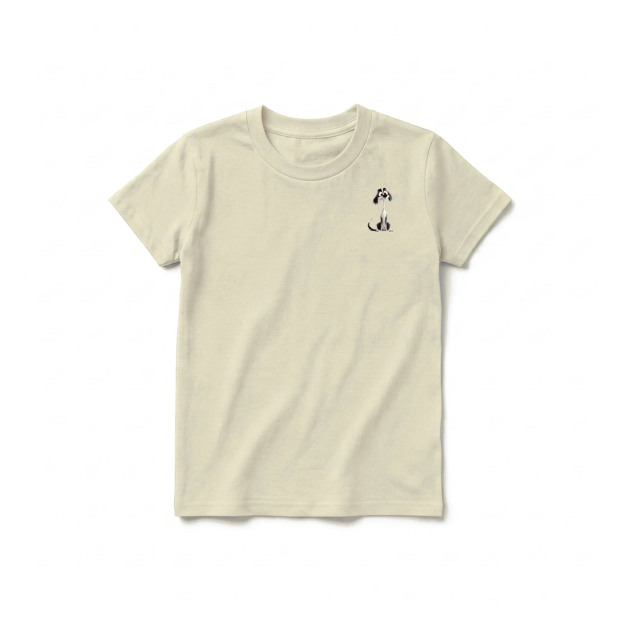 A latte short-sleeve crewneck t-shirt for youth featuring a graphic of a dog on the left chest.