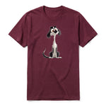 A maroon short-sleeve crewneck t-shirt for adult featuring a graphic of a dog on the front.