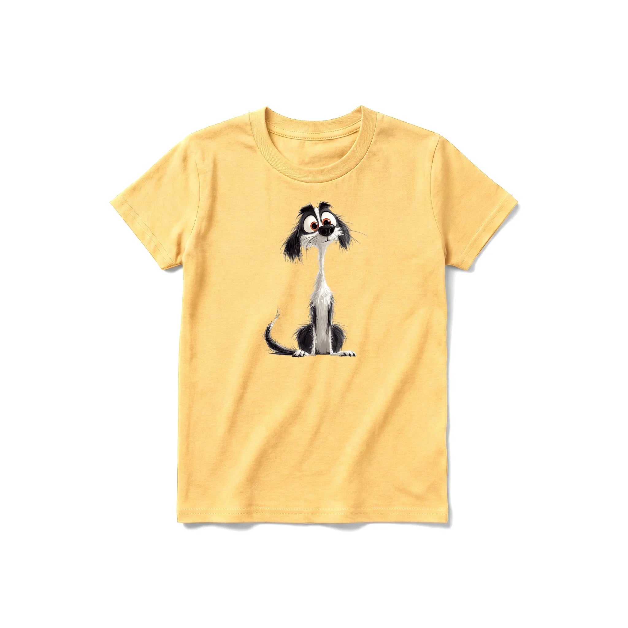 A mustard short-sleeve crewneck t-shirt for youth featuring a graphic of a dog on the front.