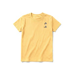 A mustard short-sleeve crewneck t-shirt for youth featuring a graphic of a dog on the left chest.