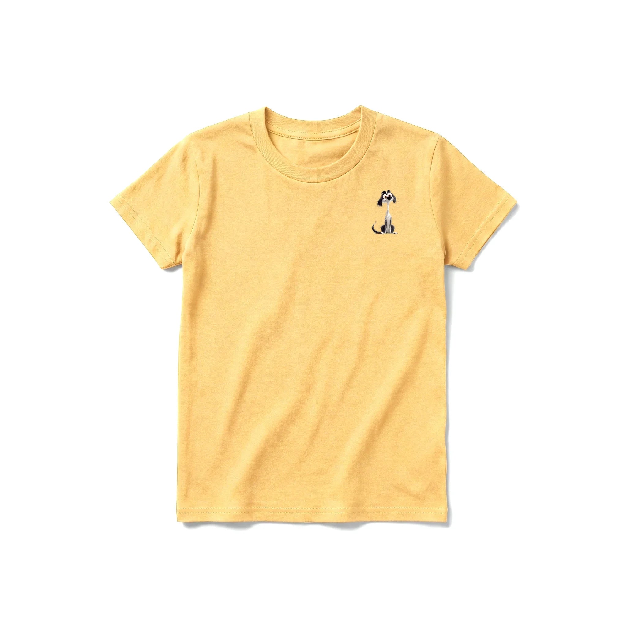 A mustard short-sleeve crewneck t-shirt for youth featuring a graphic of a dog on the left chest.