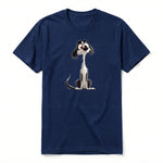 A navy short-sleeve crewneck t-shirt for adult featuring a graphic of a dog on the front.