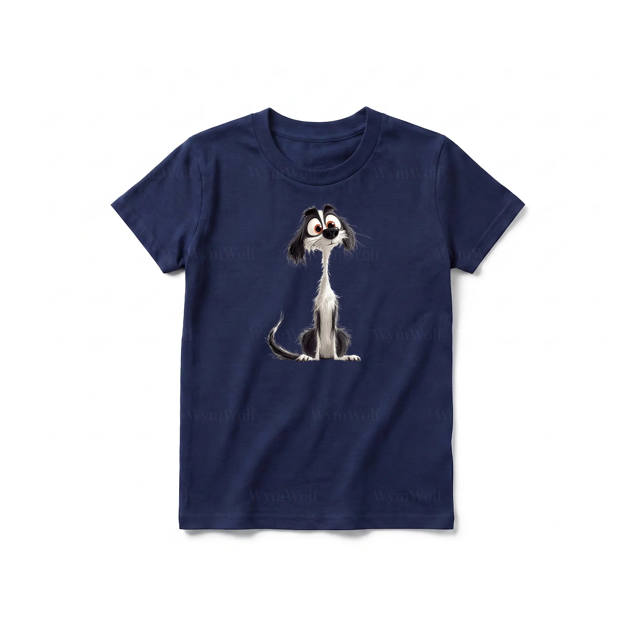 A navy short-sleeve crewneck t-shirt for youth featuring a graphic of a dog on the front.