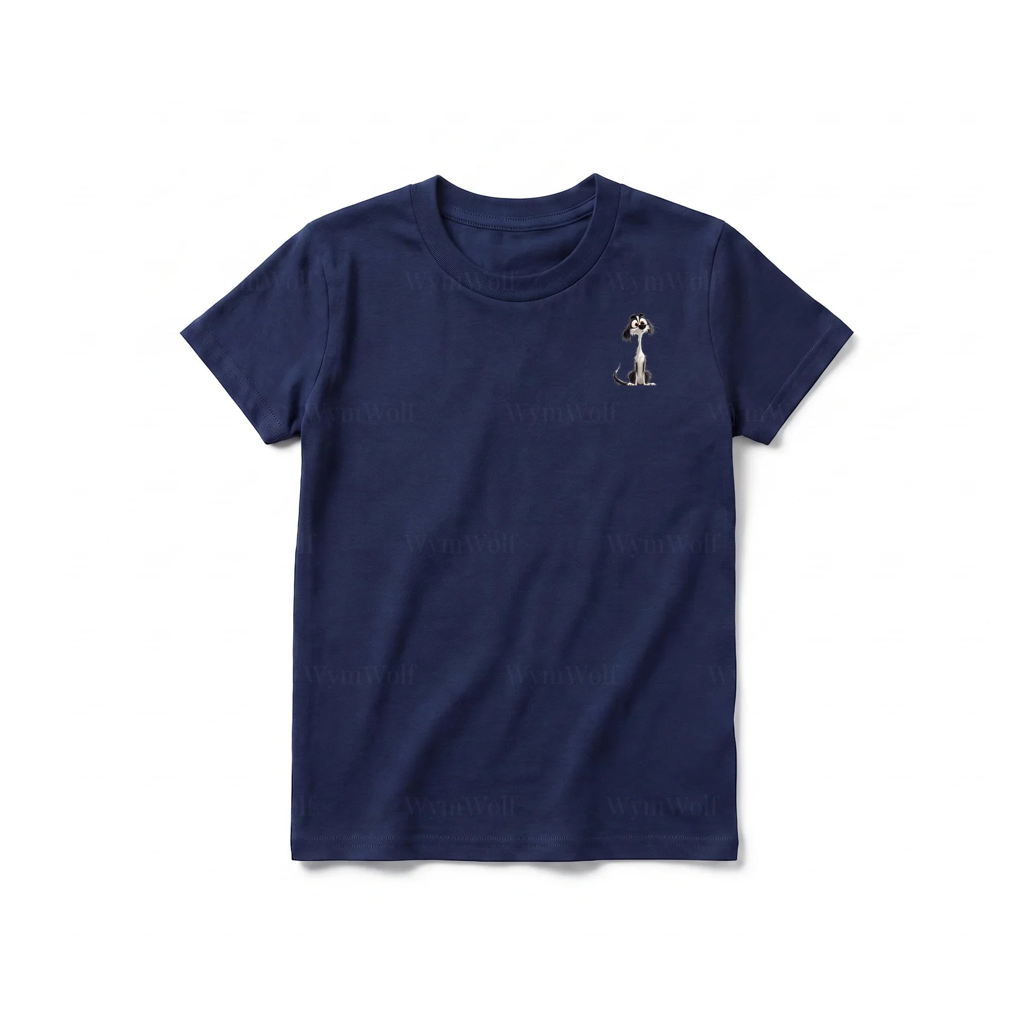 A navy short-sleeve crewneck t-shirt for youth featuring a graphic of a dog on the left chest.