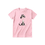 A pink short-sleeve crewneck t-shirt for youth featuring a graphic of a dog on the front.