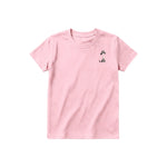 A pink short-sleeve crewneck t-shirt for youth featuring a graphic of a dog on the left chest.
