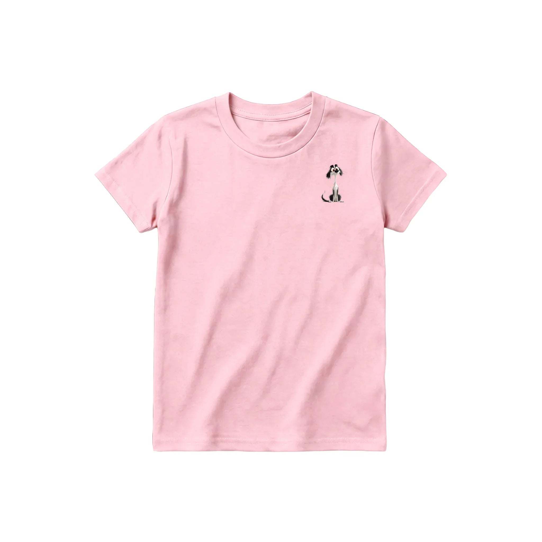A pink short-sleeve crewneck t-shirt for youth featuring a graphic of a dog on the left chest.