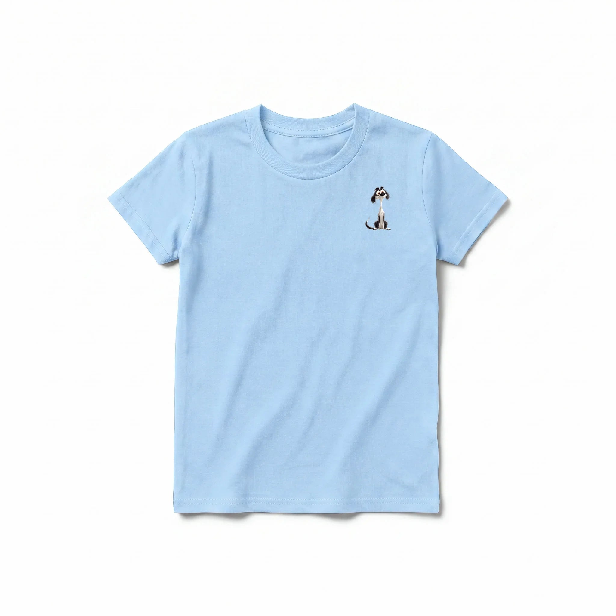 A powder short-sleeve crewneck t-shirt for youth featuring a graphic of a dog on the left chest.
