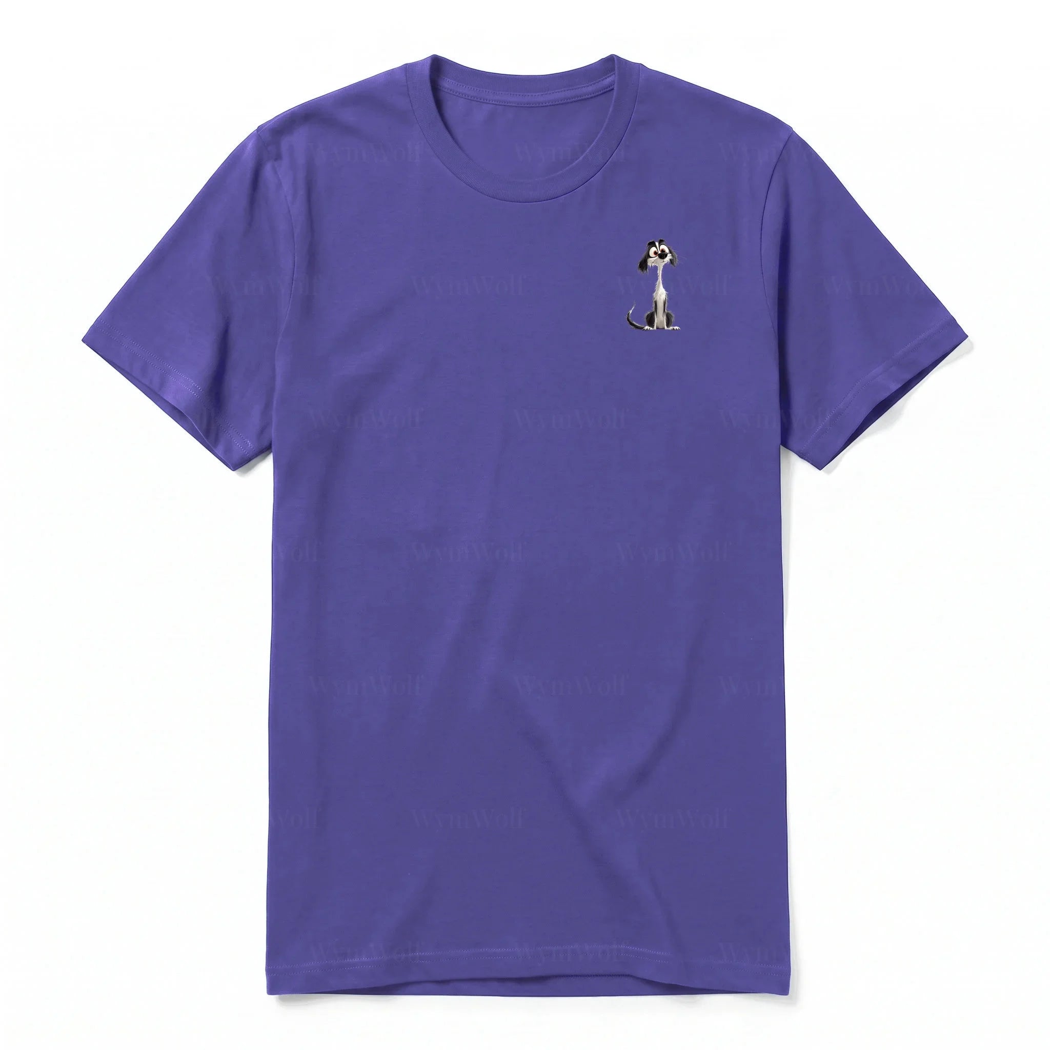 A purple short-sleeve crewneck t-shirt for adult featuring a graphic of a dog on the left chest.