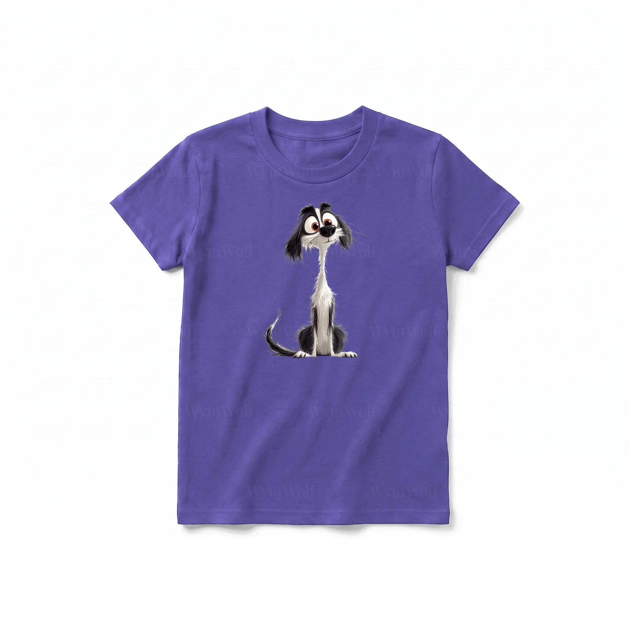 A purple short-sleeve crewneck t-shirt for youth featuring a graphic of a dog on the front.
