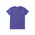 A purple short-sleeve crewneck t-shirt for youth featuring a graphic of a dog on the left chest.
