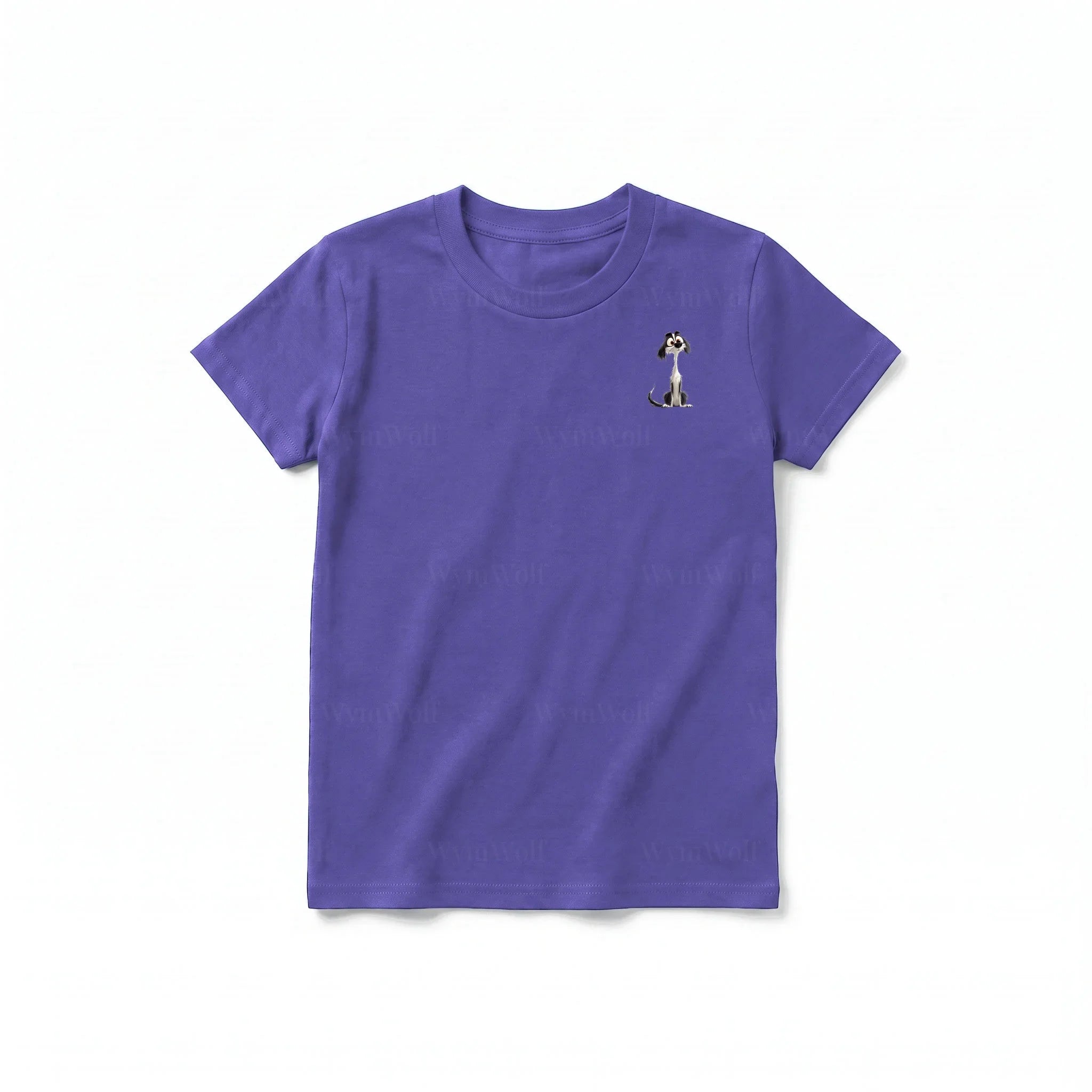 A purple short-sleeve crewneck t-shirt for youth featuring a graphic of a dog on the left chest.