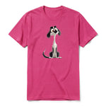 Un T-shirt framboise à manches courtes et col rond, orné d'un motif représentant un chien sur le devant.
