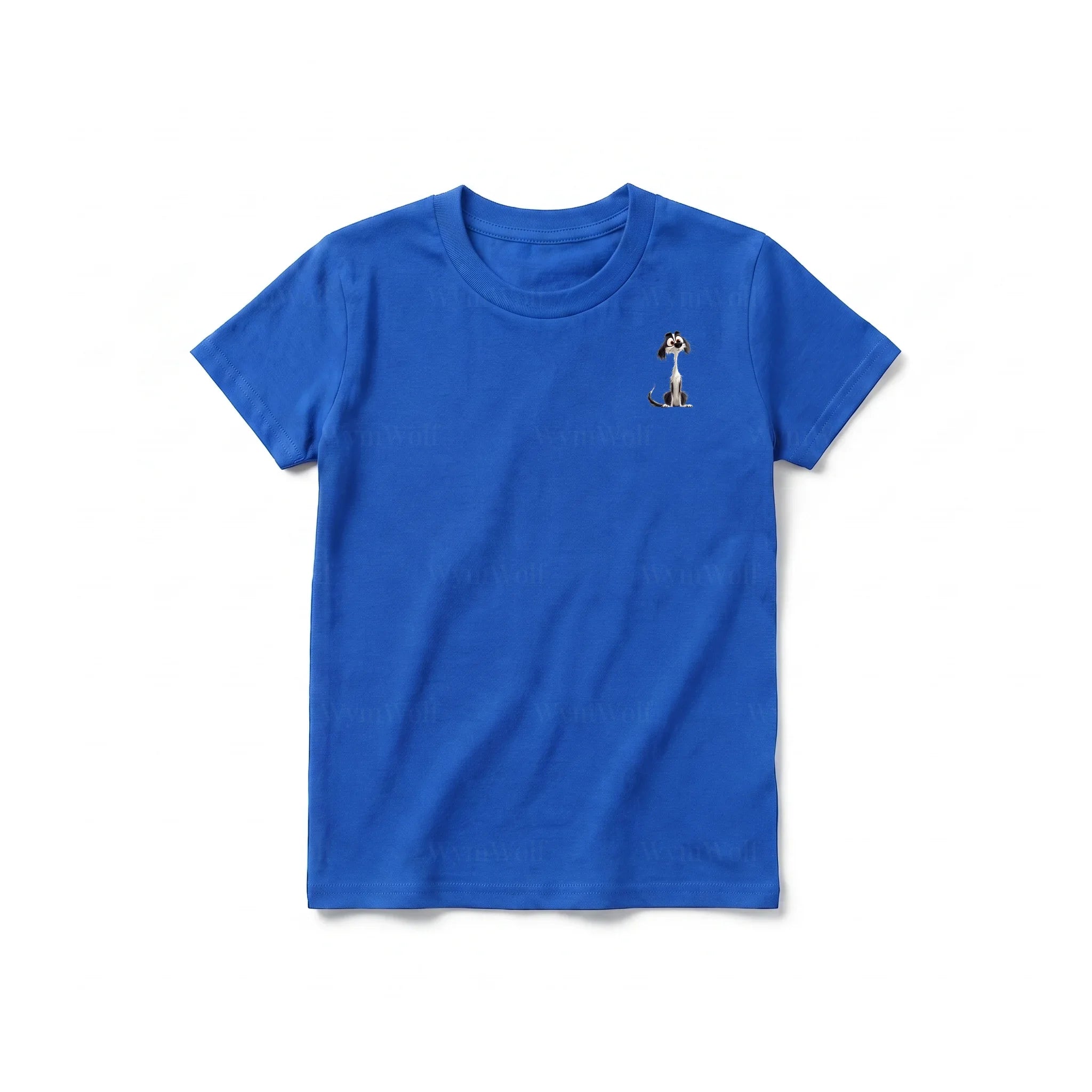 A royal short-sleeve crewneck t-shirt for youth featuring a graphic of a dog on the left chest.